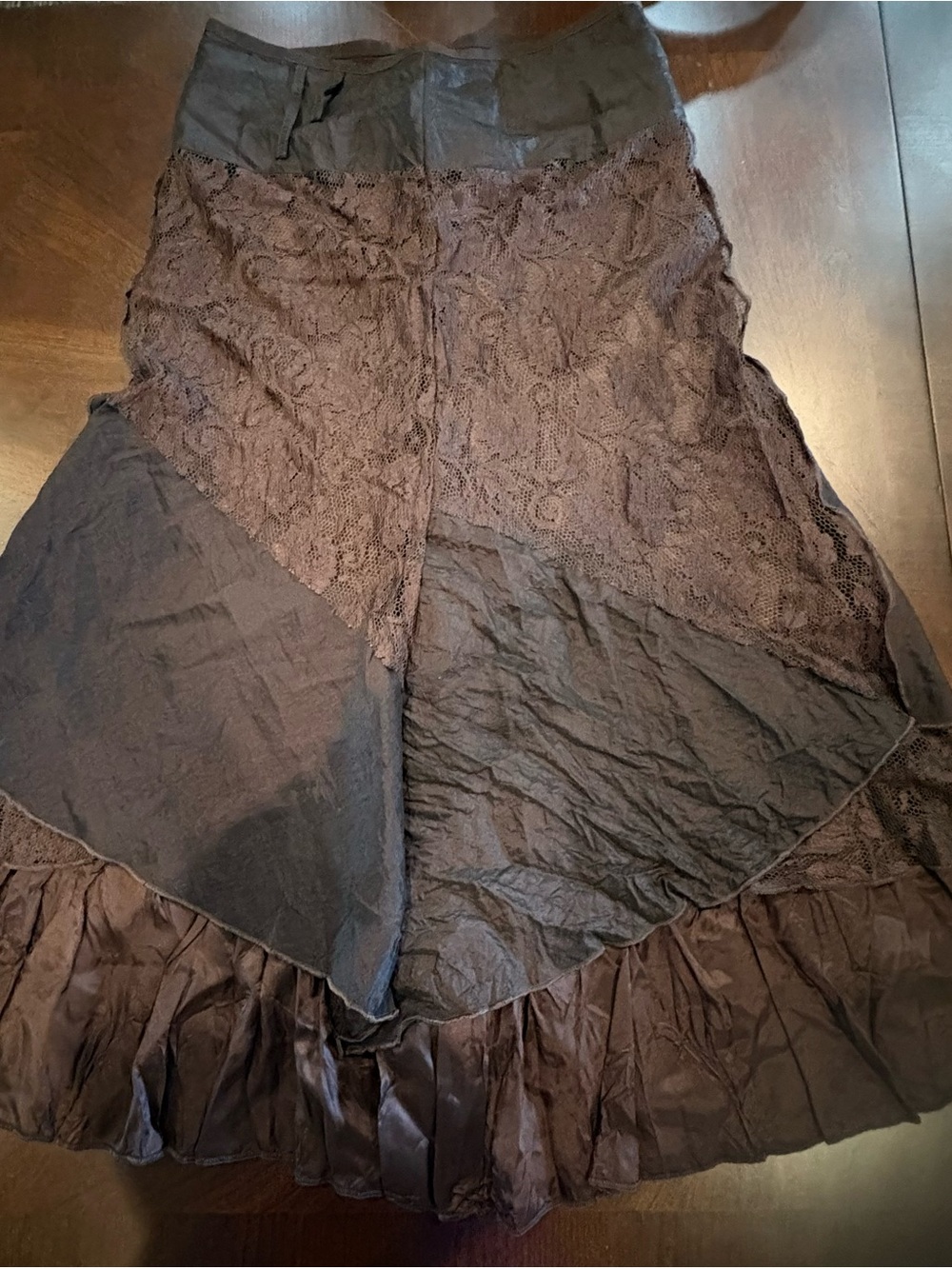 A-Line Lace Panel Brown Midi Skirt